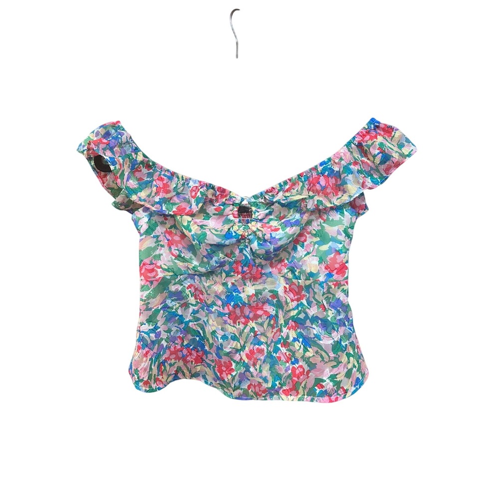 Lulus Floral Off-The-Shoulder Ruffle Crop Top Multi-Color Metallic LT1816 Small